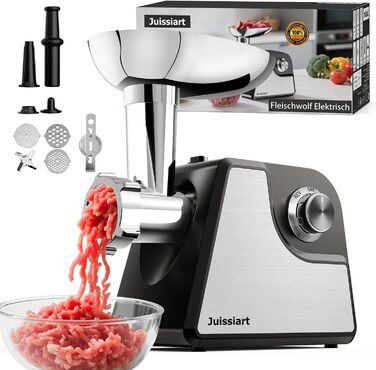 Електрична м'ясоподрібнювач Fleischwolf Juissiart: подрібнювач, фарш, ковбасний насадка, нержавіюча сталь, 3 диски, для кеббе, універсальний