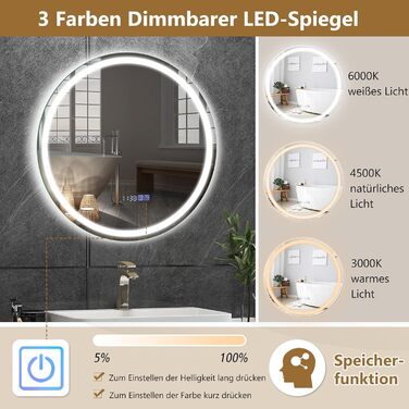 LED дзеркало для ванної кімнати Relax4Life з підсвічуванням, сенсорним вимикачем, протитуманним покриттям, регулюванням яскравості, 3 кольорами світла, індикатором часу та температури (60 x 60 см)