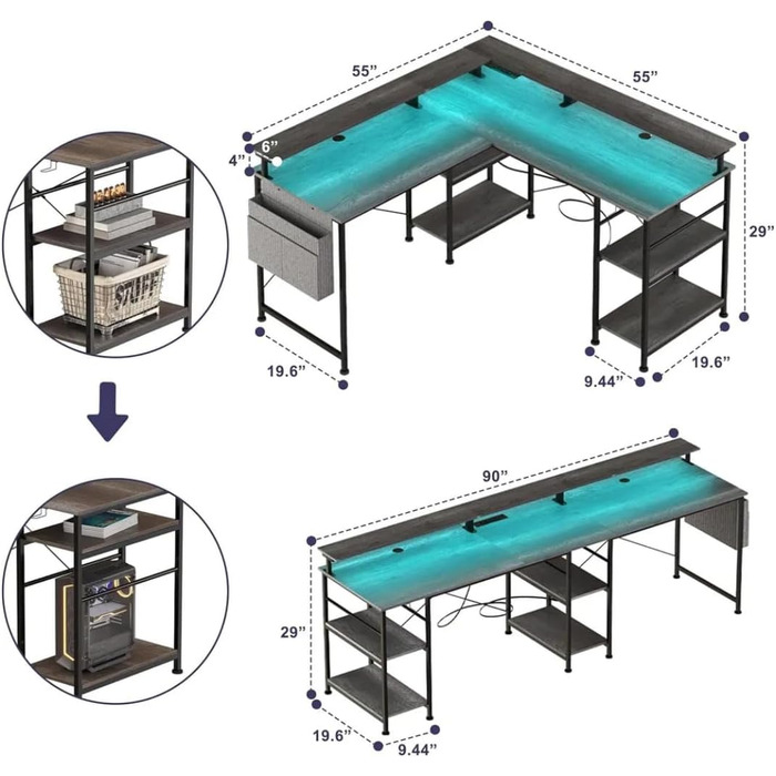 Кутовий ігровий стіл L-подібний з LED-підсвічуванням та розетками, 140x140 см, сірий, з полицями та кишеньками для дому та офісу