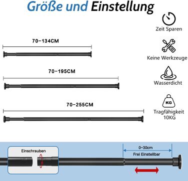 Телескопічна штанга Штора для душу без свердління, затискна штанга 70-255см, чорна