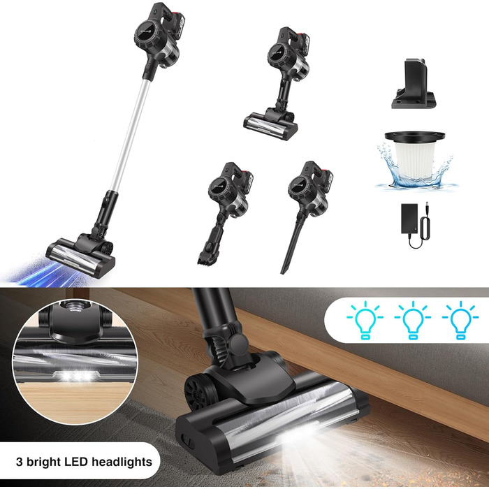 Акумуляторний пилосос 10-15Kpa з 2 режимами, 2 x 3000mAh акумулятори, 140W, LED-щітка, 2-в-1, довга насадка, ручний пилосос з 2 акумуляторами