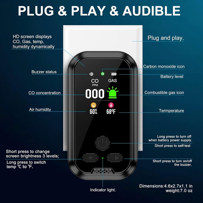 Датчик газу та CO з розеткою для дому: детектор CO та газу, газовий детектор для будинку, виявлення витоку газу (природний газ, LPG, метан, пропан, бутан), білий, HD11-CG-NEW