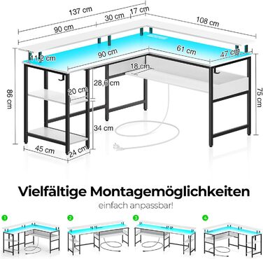 Ігровий стіл Rolanstar L-подібної форми з LED-підсвічуванням та розеткою, 137 x 108 см, комп'ютерний стіл з підставкою для монітора та місцем для зберігання, реверсивний кутовий стіл для офісу, домашнього офісу (Білий)