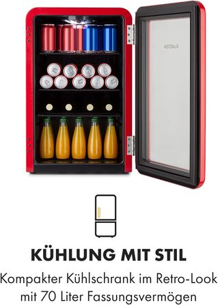 Klarstein Mini-холодильник з скляною дверцятами, 48 л, для кімнати та офісу, з висувною полицею, тихий, 0-10°C, червоний