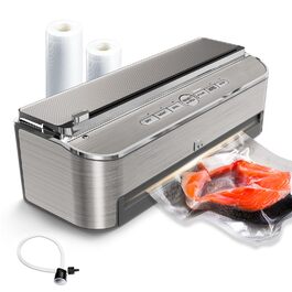 Вакууматор Mesliese 85kPa 120W для продуктів, автоматична машина для вакуумної упаковки з вбудованим різаком та відсіком для пакетів, сріблястий (2 рулони в комплекті)