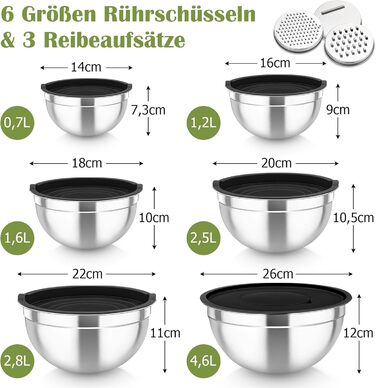 Набір салатниць TEAMFAR 6 шт. з нержавіючої сталі з кришками та силіконовими ніжками, 0,7L/1,5L/1,6L/2,5L/2,8L/4,6L, з терками, чорний