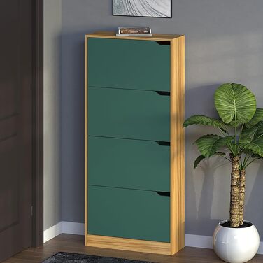 Взуттєва шафа BAKAJI з МДФ, 4 дверцята, відкидна полиця, врізні ручки, подвійна глибина, компактна, 63 x 24 x 150 см, для дому, зелений та дуб