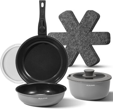 Набір посуду 9-ти частинний з знімним ручками, антипригарне покриття, для всіх типів плит, включаючи індукційні, сумісний з духовкою (сірий)