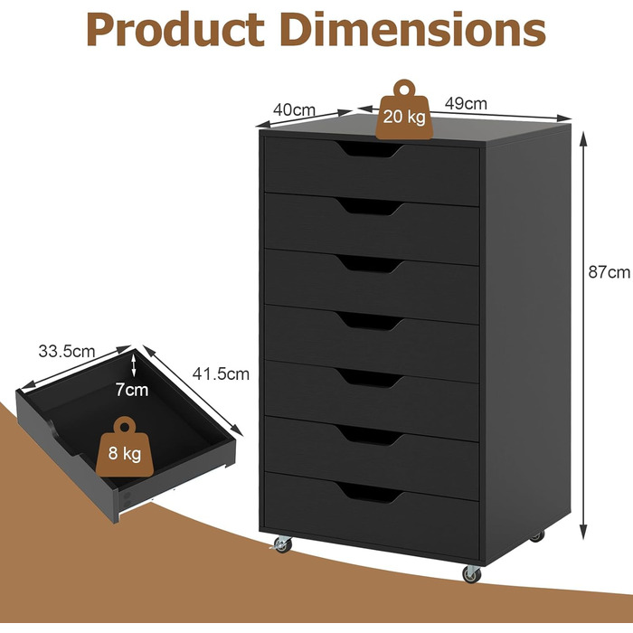 Мобільний рол контейнер KOMFOTTEU з шухлядами, чорний офісний шафчик для документів та файлів