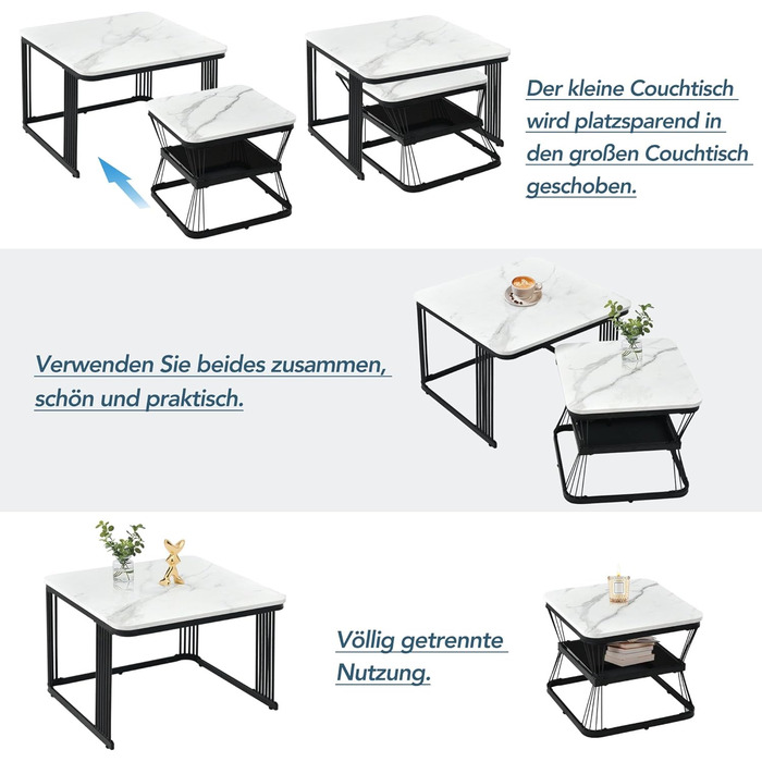 Набір журнальних столиків Merax з 2 шт. , мармуровий візерунок, гніздовий стіл з місцем для зберігання, металевий каркас, чорний/білий