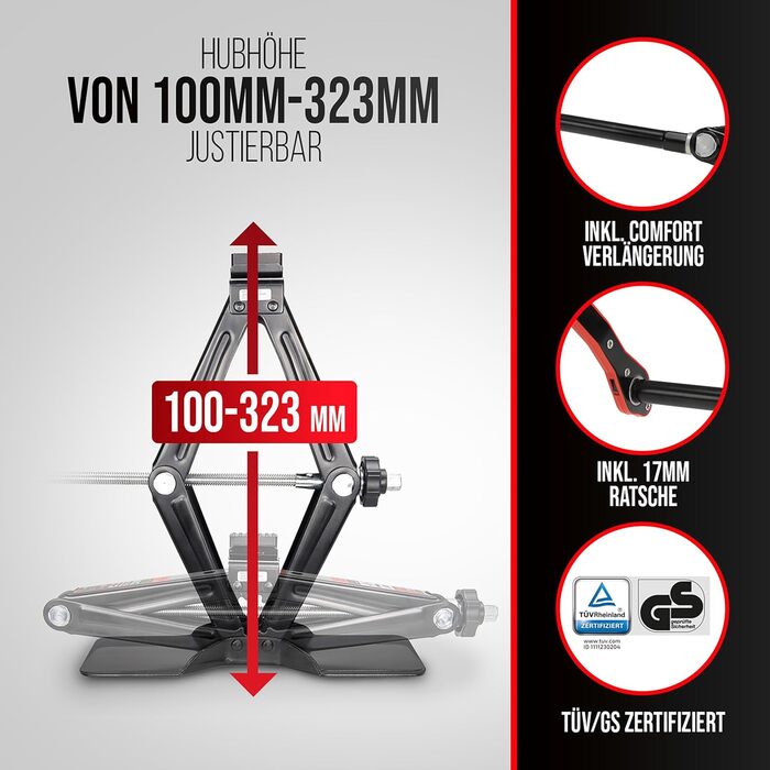Гідравлічний домкрат Heyner 2т з чохлом, 17мм тріскачкою, гумовою накладкою, висота підйому 98-442мм. Автомобільний домкрат-ножиці, сертифікат TÜV/GS