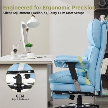 Ергономічне офісне крісло Efomao X-Stickerei для дому та офісу, шкіряне (PU), 200 кг, з підставкою для ніг та підтримкою попереку, чорне з блакитним