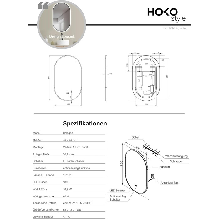 Дзеркало LED HOKO Design ANTIBESCHLAG овальне 45x75 см Bologna+ Metall Rahmen Schwarz. LED підсвічування, сенсорна кнопка, регулювання кольору світла (тепле біле, холодне біле, нейтральне), антизапарник, монтаж HOCH+QUER, 75L x 45B см