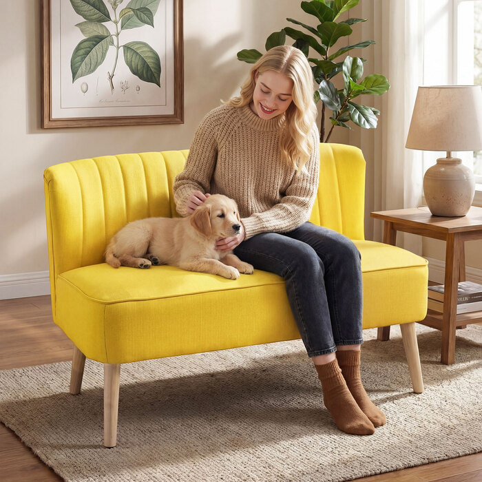 Диван на дво місця, м'яке оббиття, легкий у догляді матеріал, витримує до 220 кг, розміри 117 x 56,5 x 77 см, колір жовтий.