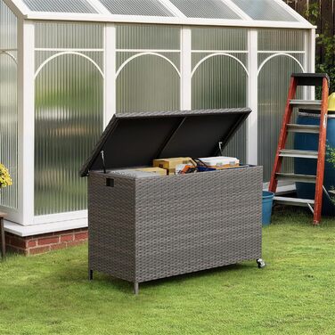 Водонепроникний садовий ящик Amopatio Gartenbox 480л з поліротангу, металевий ящик для подушок на колесах з газліфтом для саду та балкону, сірий