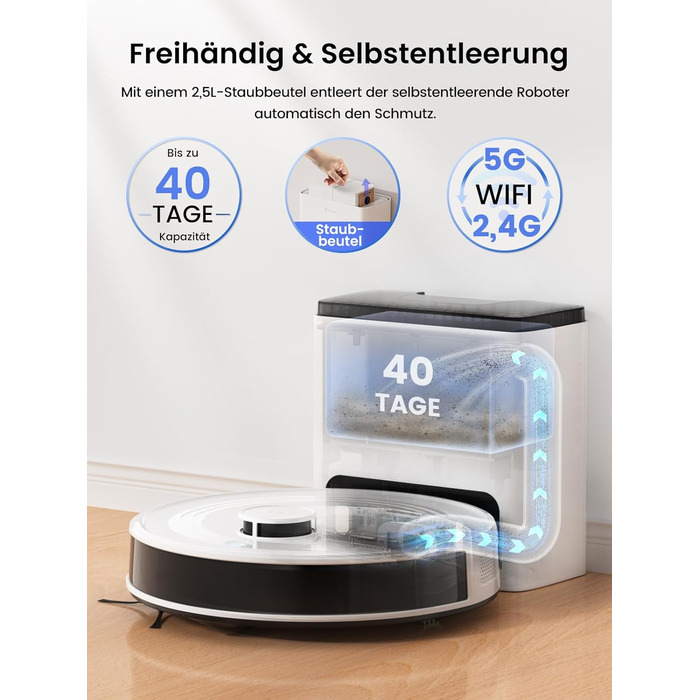 Робот-пилосос LEFANT M2Plus з функцією миття підлоги, 6000Pa, LiDAR-навігація, самоочищення, ідеальний для видалення шерсті тварин