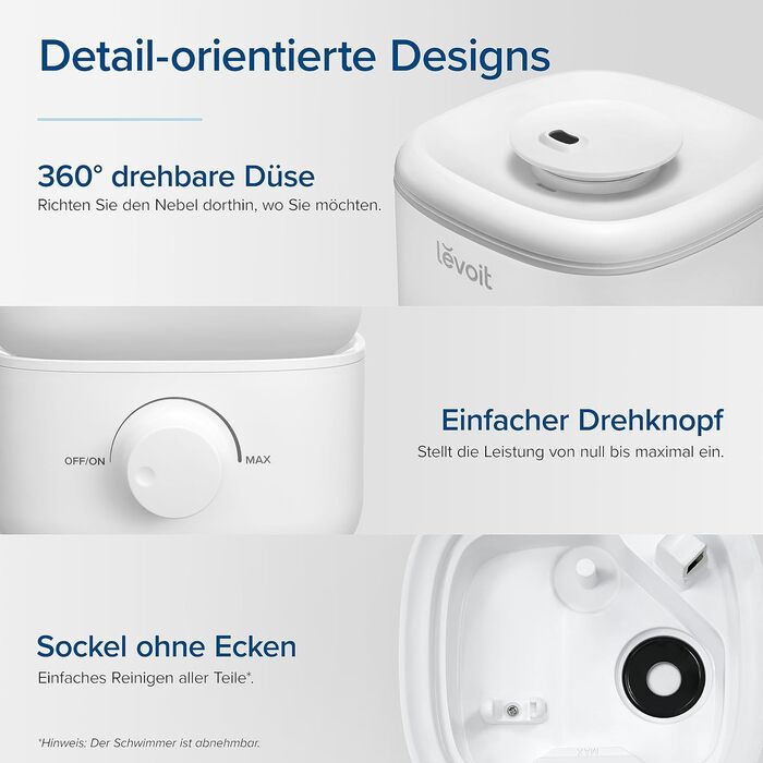 Зволожувач повітря Levoit для спальні, 23dB, 2.5L, з автовимкненням, для дітей, 360° регулювання, білий