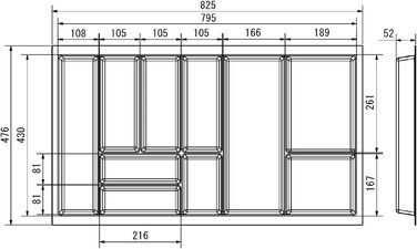 Вставка для столових приладів Junker 325 x 476 мм лавово-сірого кольору з перловою текстурою для шаф 40-х років Кухонна коробка для столових приладів ідеально підходить для такої тонкої системи висувних ящиків (825 x 476 мм (ширина корпусу 900 мм))