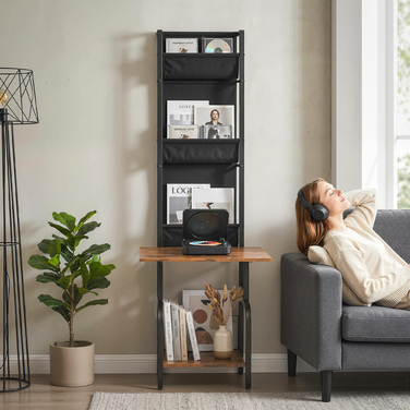 Індустріальна полиця для CD, зберігання CD та DVD з 3 текстильними кишенями та стільницею, у стилі рустикального дерева коричневого кольору