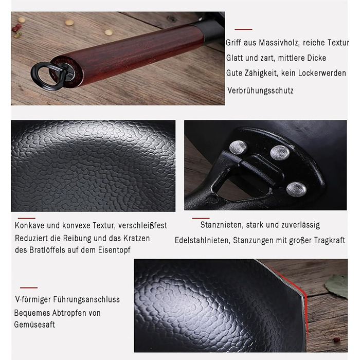 LIYGAOF Вок з кришкою 32 см з чавуну: Вок для всіх типів плит, кована чавунна сковорода, без хімічного покриття, легко миється