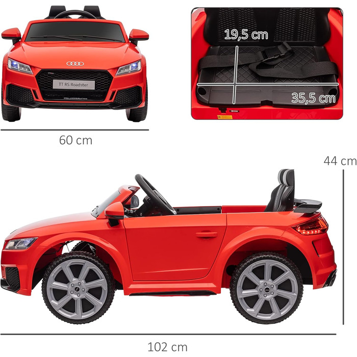 Дитячий електромобіль HOMCOM 12V, з пультом, музикою, USB/MP3, LED, для дітей 3-5 років, червоний
