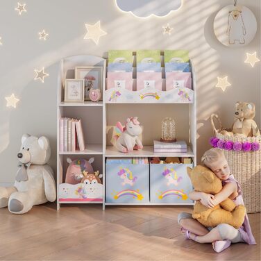 Дитяча полиця для іграшок Lysekil від en.casa з 2 ящиками для зберігання, 100 x 93 x 30 см, мотив єдинорога