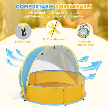 Дитяче басейн-тент Peradix 4-в-1 з UV захистом, басейн з кульками, москітна сітка, ігровий намет для дітей, літній басейн для ігор (блакитно-жовтий)