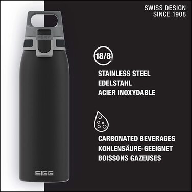 Вулична пляшка для пиття SIGG Shield ONE (/1 л), що не містить забруднюючих речовин і герметична пляшка для пиття, міцна спортивна пляшка для пиття з нержавіючої сталі з ОДНИМ верхом (1 л, Чорний)
