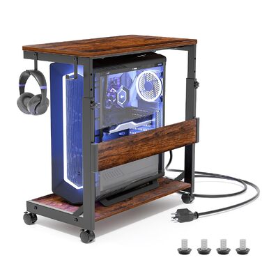 Регульована підставка для комп'ютерного блоку з 2 полицями та місцем для зберігання – для корпусів ATX, принтерів, з фіксуючими роликами (Темно-коричневий, B64 x T34 x H59-84,5cm)