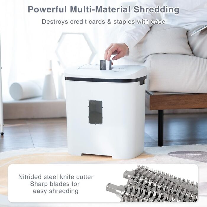 Шредер для паперу P4, 14 листів, 60 хв безперервної роботи, знищення кредитних карт та скріпок, 21л контейнер, тихий, для дому, офісу, шкіл, білий