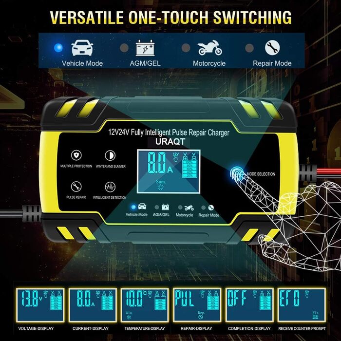 Зарядний пристрій для акумулятора URAQT 8A: 12V/24V, розумна автоматична зарядка для авто, LCD дисплей, режим ремонту, захист, для авто, вантажівок, газонокосарок, човнів