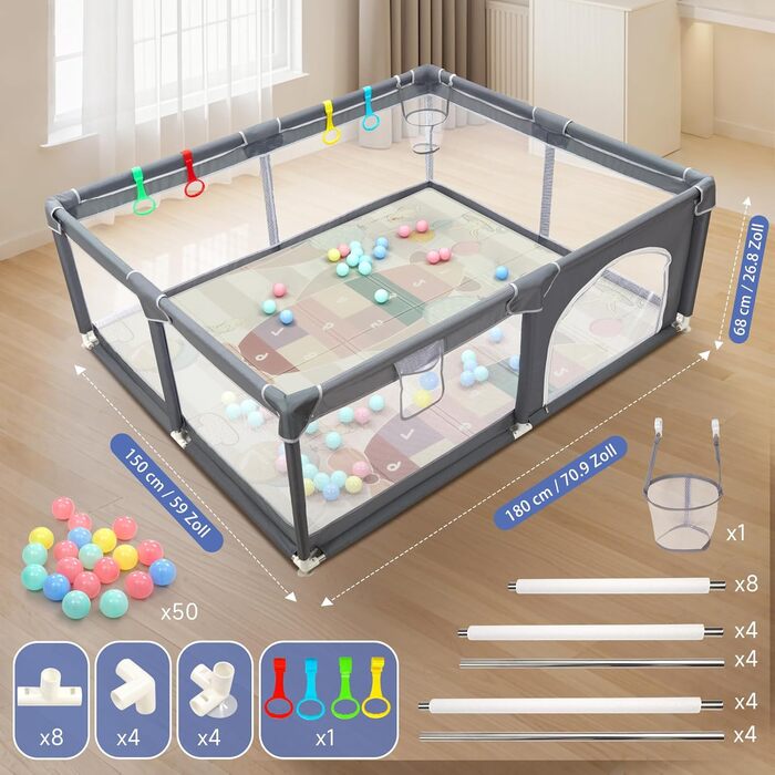 Манеж дитячий CHOLY для немовлят та малюків, 128x128 см, сірий з килимком 150x180 см - безпечний, міцний, з сіткою та захистом