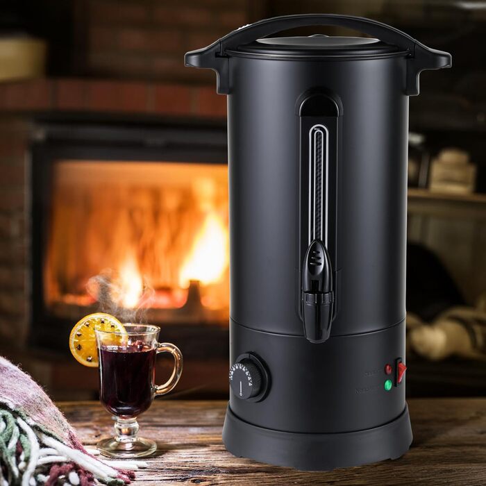 Глювайновий нагрівач з 10 чашками | 1500 Вт диспенсер гарячих напоїв з нержавіючої сталі з термостатом 30–110°C, функція підігріву та кран | Глювайновий автомат для вечірок (10 л, Чорний)