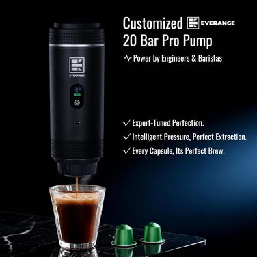 Портативна електрична кавомашина Everange для еспресо, приготування кави з меленої кави та капсул, з LCD-дисплеєм (зелена та чорна)
