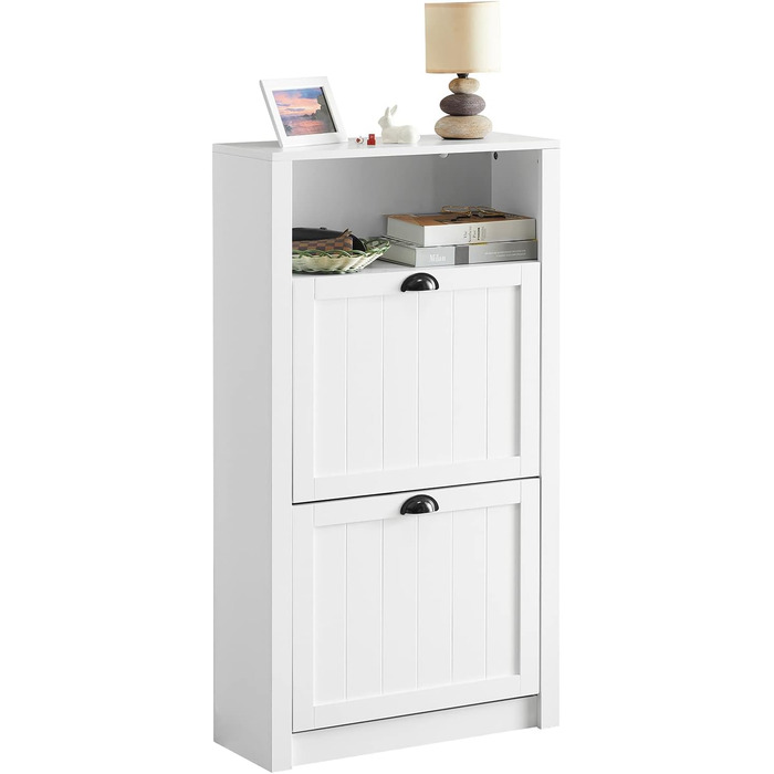 SoBuy FSR87-BR Взуттєва шафа з 2 дверцятами, вузька, з 4 полицями, комод для взуття з додатковою полицею (білий, розміри: 60x110x24 см)