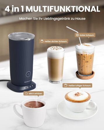 Електричний спінювач молока SIMPLETASTE 4-в-1: гарячий та холодний спінений молочний напій, підігрів молока, приготування какао, антипригарне покриття, автоматичне вимкнення, тиха робота, без BPA, для капучино та лате, темно-синій, з додатковою насадкою