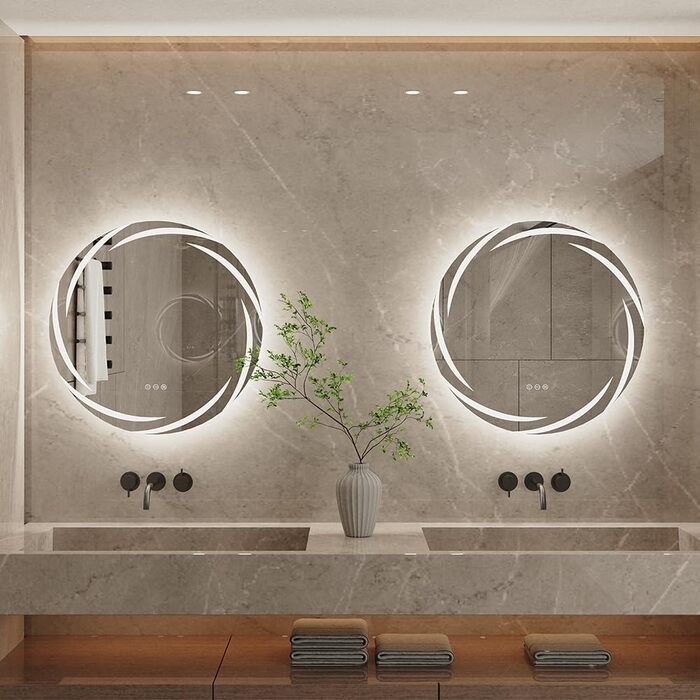 Круглий дзеркало для ванної кімнати LUVODI з підсвічуванням: LED дзеркало круглої форми 60 см з фоновою підсвіткою, 3 кольори світла, регулювання яскравості, сенсорна кнопка, запобігання запотіванню, енергозбереження, для ванної кімнати, для гостей, туале