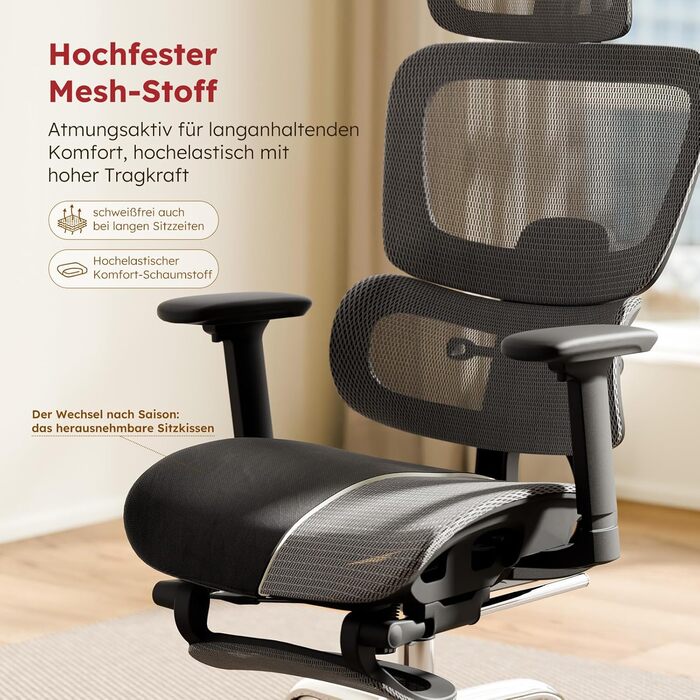 Ергономічне крісло для офісу Voll-Mesh з підголівником, підставкою для ніг, регульованою спинкою, підлокітниками, саморегульованою поперековою підтримкою, PU-колесами, поворот на 360°, 150 кг, темно-сірий