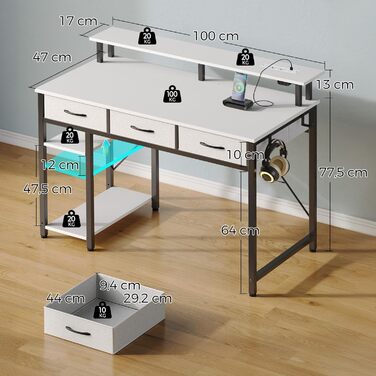 Комп'ютерний стіл Rolanstar з ящиками, розетками та LED підсвіткою, геймінговий стіл з підставкою для монітора, полиця та 2 гачки, для офісу та вітальні (білий, 100x47x90,5 см)