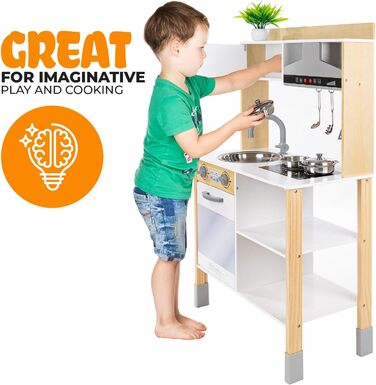 Дерев'яна дитяча кухня Kinderplay з LED та звуками приготування їжі, регульована висота 92–107 см, ігровий набір для дітей від 3 років, повний комплект з аксесуарами, світло-сірий колір (Modern - Weiß)