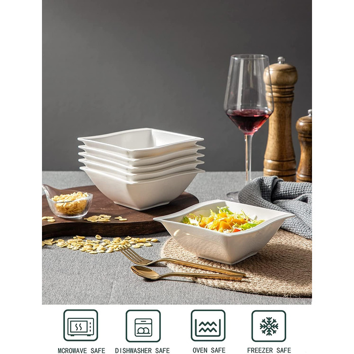 MALACASA Серія Flora – 60-елементний посуд для 12 осіб – кремово-білий порцеляновий сервіз з квадратним дизайном (тарілки, чашки, підставки) – придатний для миття в посудомийній машині та мікрохвильовій печі, білий