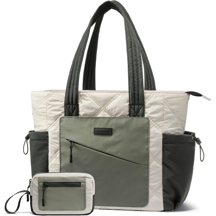 Сумка-шопер LOVEVOOK для жінок: велика, легка, для ноутбука 15,6/17,3 дюймів, робоча/університетська, для роботи, навчання, подорожей (бежево-зелений)