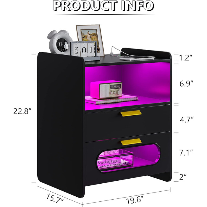 Приліжкова тумбочка Lvifur RGB LED, 2 шухляди, сенсор, 20 кольорів, бездротова та USB-зарядка, глянцевий чорний