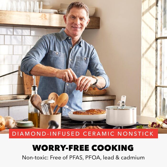 Набір сковорідок GreenPan x Bobby Flay: 20.3 см та 25.4 см, з антипригарним покриттям, без PFAS, з алмазної кераміки, для індукційних плит, з силіконовою ручкою, легко миються, сумісні з посудомийною машиною. Також входить каструля 1.67 л з кришкою, кремо