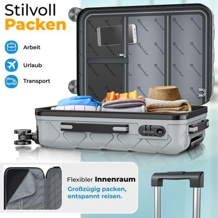 Набір валіз KESSER® 3 шт. | Валізи з ABS, з кодовим замком, ваговою шалькою та органайзером для документів | 360° колеса | Ручна поклажа та великі валізи для подорожей та бізнесу | Сірий колір