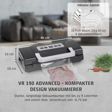 Вакууматор Caso HC170 для продуктів з регулюванням часу запаяння, потужний насос 9 л/хв та набором пакетів 20x30см