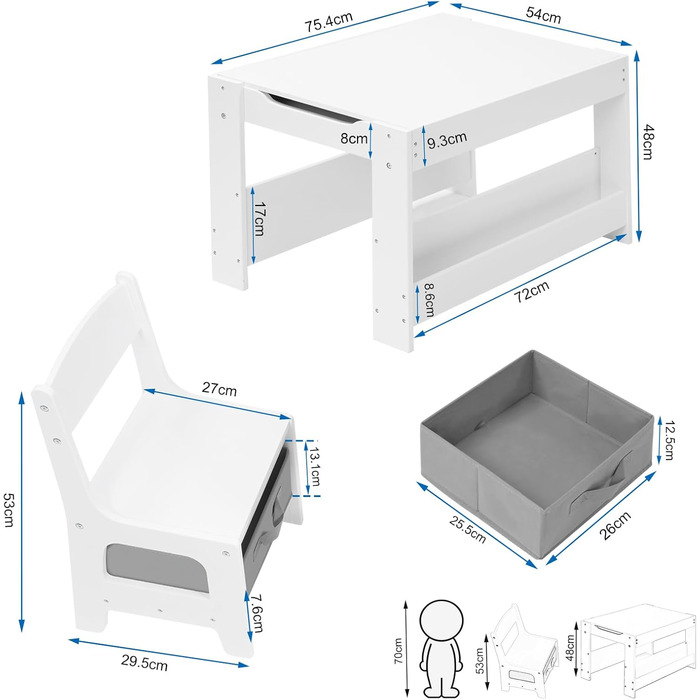 Дитячий стіл Lestarain та 2 стільці, 3 шт. Набір, Стіл для малювання з місцем для зберігання, Дитячий стілець з ящиками, Білий