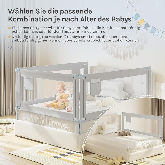 Бортик для ліжка WOLTU 150 см, захисний бортик для дітей та немовлят, висота регулюється 69-87 см, тканина Оксфорд, металевий каркас, світло-сірий