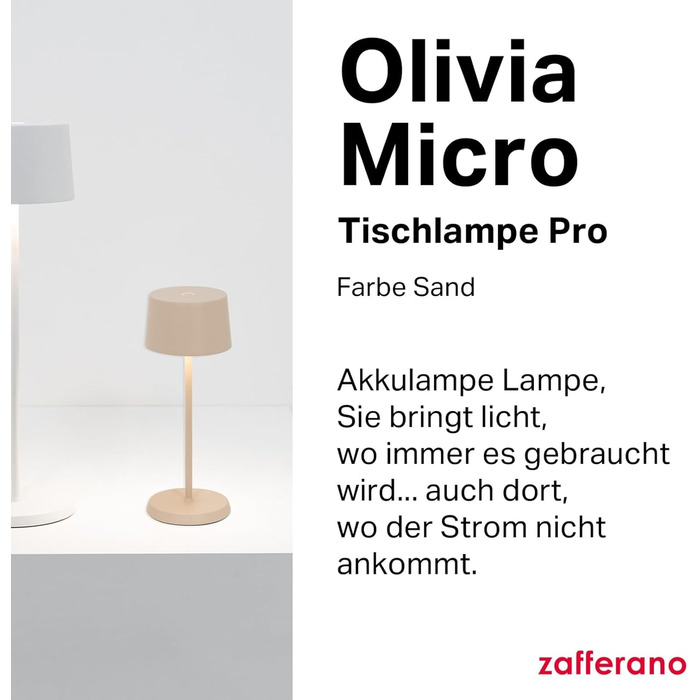 Zafferano Olivia Micro - Бездротова LED-лампа для дому та саду, сенсорне керування, регулювання яскравості, 2200-3000K, 20 см, пісочний колір