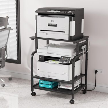 Трирівневий стіл для принтера з розеткою та USB-портами, регульовані полиці, роликовий стійка для принтера для дому/офісу, 3D/лазерний принтер, термопрес (Чорний) Чорний 60 см